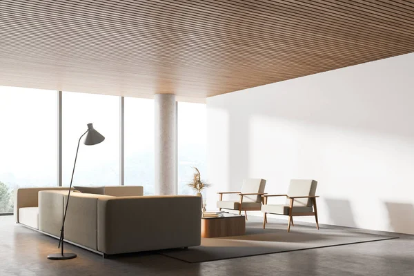 Interno Del Moderno Soggiorno Con Soffitto Legno Mobili Tavolo Poltrone — Foto Stock