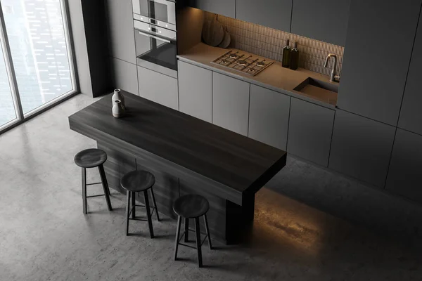 Cuarto Cocina Oscuro Con Mesa Tres Sillas Bar Vista Superior — Foto de Stock