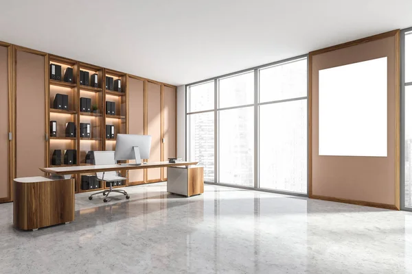 Wooden office manager room interior with table and desktop computer, beige shelf with folders, white armchairs on concrete floor, side view. Windows and mock up copy space frame, 3D rendering