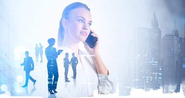 Office Woman White Shirt Talking Smartphone Silhouettes Business Partners Double — Stock Photo, Image