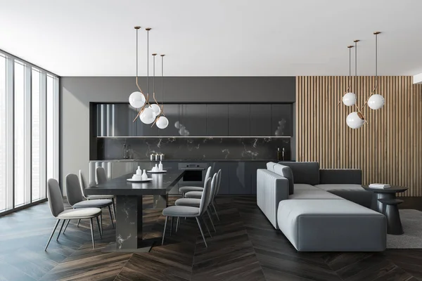 Interior Cocina Moderna Con Suelo Madera Muebles Mesa Sillas Gran —  Fotos de Stock