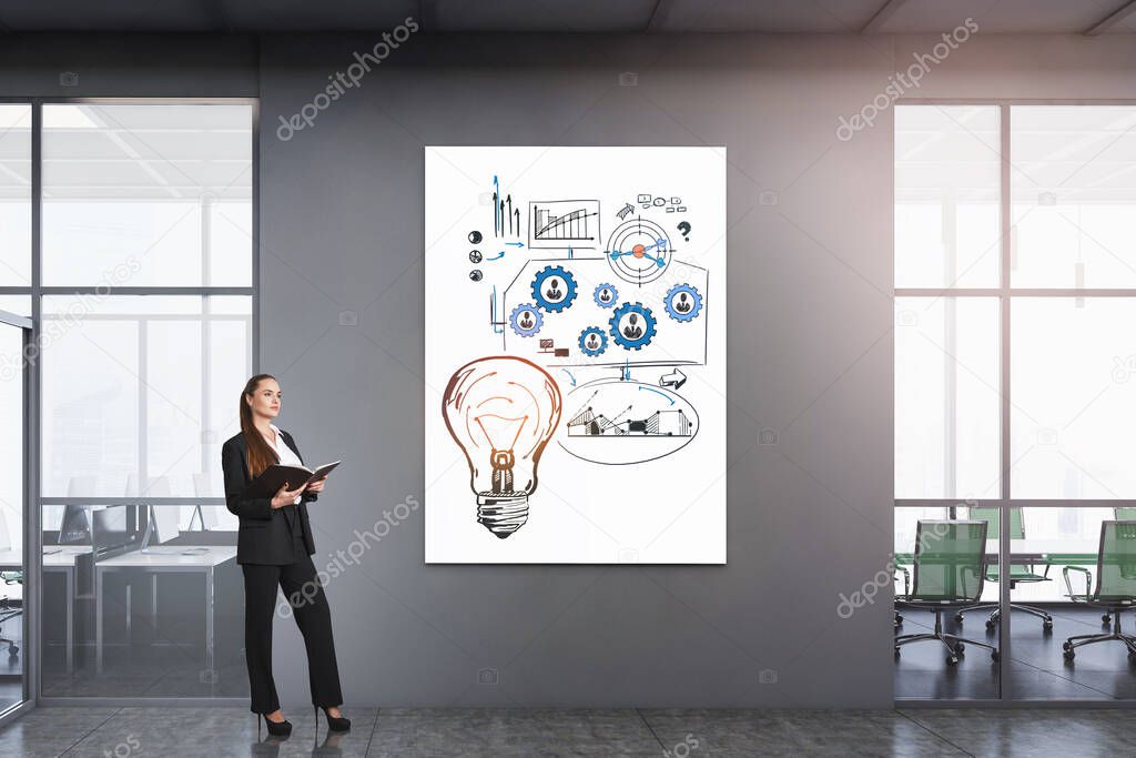 Office woman in black suit holding journal in hands, light bulb with gears, plans and graphs drawn on a canvas hanging on grey wall near meeting room. Concept of recruitment and strategy