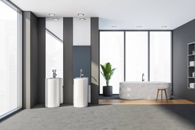 Gri banyo içi beyaz küvet ve ahşap halıyla kaplı. Pencerenin yanında iki ayrı lavabo, ön manzara. Gökdelenlere bak, modern banyo odası, 3D, kimseyi görüntüleme