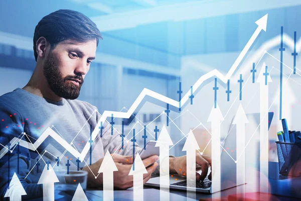 Man Manager Beard Typing Smartphone Laptop Table Double Exposure White — Stock Photo, Image