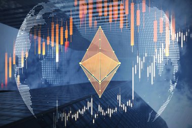 Ethereum şifreleme ikonunun dijital hologramı. Finansal grafik ve şamdan finansal tablosu. Yerel internet ticareti kavramı. Dünya çapında dünya haritası.