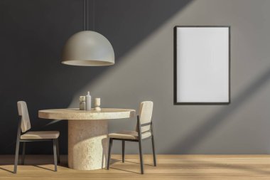 Halka açık kafede yemek odası, yuvarlak masa ve parke zeminde iki sandalye, restoranın minimalist tasarımı. Makyaj bezi kopyalama alanı olan şık yemek odası, 3 boyutlu, kimseyi göstermiyor.