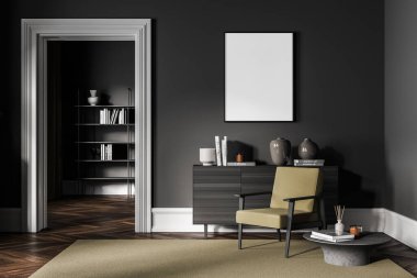 Gri ve ahşap oturma odasının içinde halı üzerinde klasik koltuk, beton sehpa, çekmece ve kitaplık, sanat kütüphanesi odası. Boş poster, duvarda maket, 3 boyutlu görüntüleme