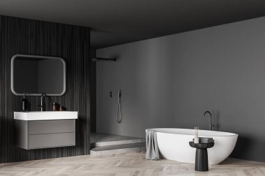 Banyo içinde küvet ve lavabo var ve parke zemininde ayna var. Minimalist gri oda, modern mobilya ve duş, yan görüş, 3D, kimseyi göstermiyor.