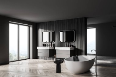 Beyaz küvet, lavabo ve parke zeminli çekmeceleri olan koyu renkli bir banyo. Yan manzara, kırsal pencereler. 3 Boyutlu İşlem Yok