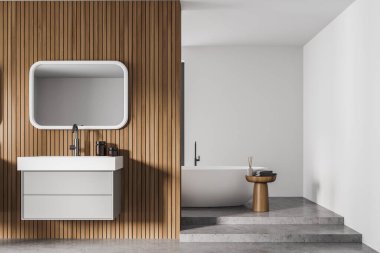 Banyo içi küvetli ve lavabosu beton zeminde ayna ile aydınlık. Minimalist beyaz oda, modern mobilyalar, ön manzara, 3D, kimseyi göstermiyor.