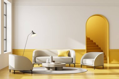 Dairenin içinde beyaz kanepe ve koltuklar, sarı zeminli kahve masası. Kemerli kapılı boş duvar kopyalama alanı ve merdiven, 3D görüntüleme