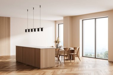 Modern tasarım mutfak oturma odası iç tasarımı. Altı sandalyeli yemek masası, panoramik pencereli. 3d oluşturma.