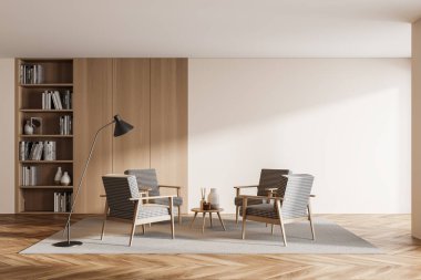 Modern tasarım oturma odası iç mimarisi. Kitap rafları, ahşap zemin. Uzayın beyaz duvarını kopyala. 3d oluşturma.