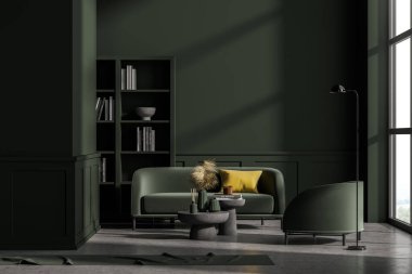 Beton zemin, mobilyalar, masa ve kanepe, koltuk, yaşam alanı, panoramik pencere ile modern yeşil oturma odası. Ev mimarisi konsepti. 3d oluşturma