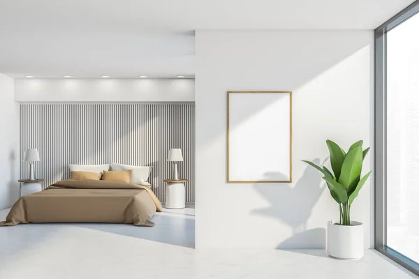 Interior Quarto Leve Com Cama Travesseiros Piso Concreto Branco Planta — Fotografia de Stock