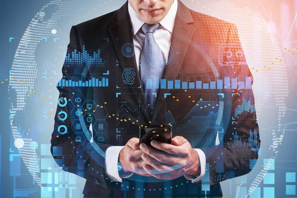 Front View Businessman Suit Hold Smartphone Touching Screen Digital Security — Stock Photo, Image