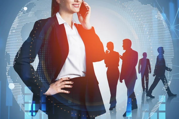 Smiling Attractive Businesswoman Wearing White Shirt Black Suit Having Conference — Stock Photo, Image