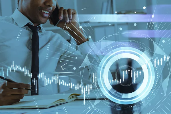 African American businessman or stock trader analyzing stock graph chart, side view stock trader using laptop to buy or sell shares, double exposure graph, internet trading concept.