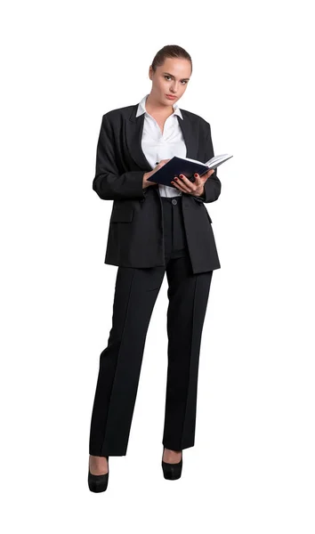 Attractive Business Woman Formal Suit Holding Planner Notebook Her Notes — Stock Photo, Image