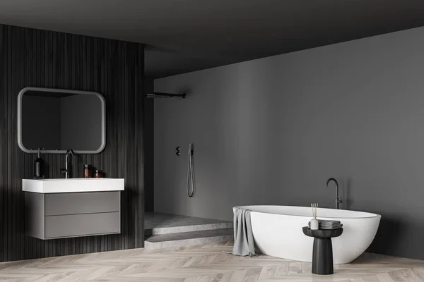 浴室内部与浴缸和水槽与镜片地板 带有现代家具和淋浴的简约灰色房间 侧视图 3D渲染 没有人 — 图库照片