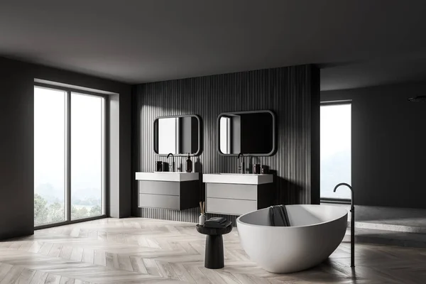 Dark Stylish Bathroom Interior White Tub Sinks Drawers Parquet Floor — Stock Photo, Image