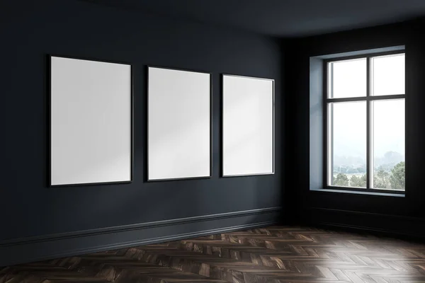 Leere Eingangshalle Kunstraum Mit Fenster Seitenblick Braunem Holzboden Und Panoramafenstern — Stockfoto