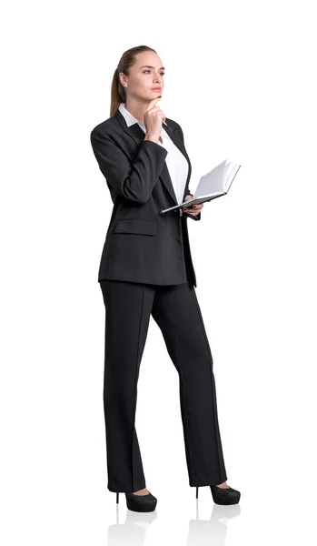 Full Length Attractive Business Woman Formal Suit Holding Planner Notebook — Stock Photo, Image