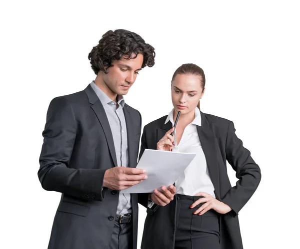 Mujer Negocios Hombre Negocios Traje Formal Está Sosteniendo Mirando Documento —  Fotos de Stock