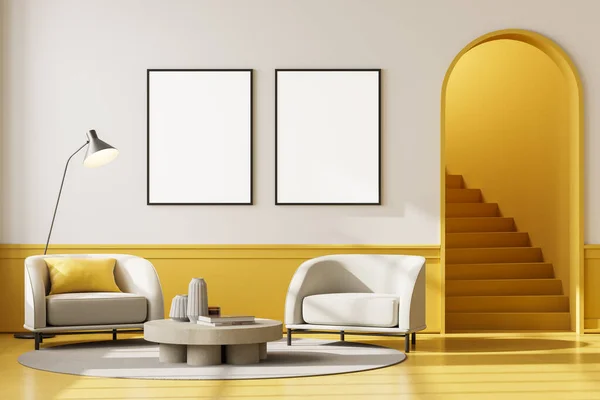 Wohnungseinrichtung Mit Zwei Beigen Stühlen Couchtisch Auf Teppich Mit Lampe — Stockfoto