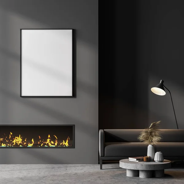 Modern Interior Living Room Fireplace White Mockup Poster Wall Concept — Stock Photo, Image