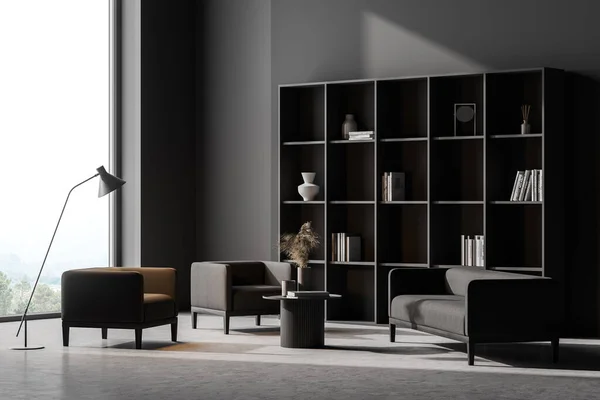 Wohnzimmereinrichtung Mit Zwei Sesseln Grauem Sofa Betonboden Konzept Des Gemütlichen — Stockfoto