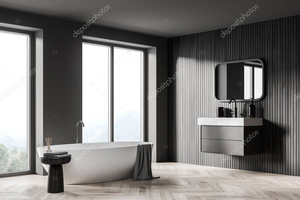 Bathroom interior with white tub and sink with mirror, parquet floor. Minimalist grey room with modern furniture and panoramic window with side view on countryside, 3D rendering no people