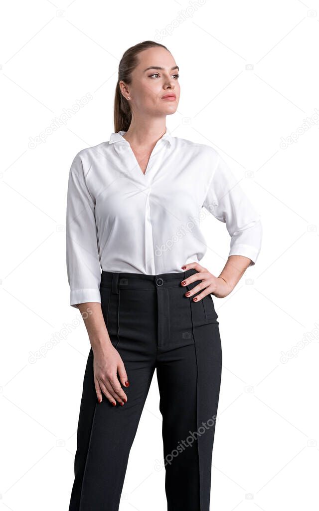 Front view of attractive business woman in white shirt with confident look, isolated over white background. Concept of personal growth, management and success.