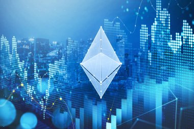 Ethereum şifreleme ikonunun dijital hologramı. Finansal grafik ve şamdan finansal tablosu. Yerel internet ticareti kavramı.