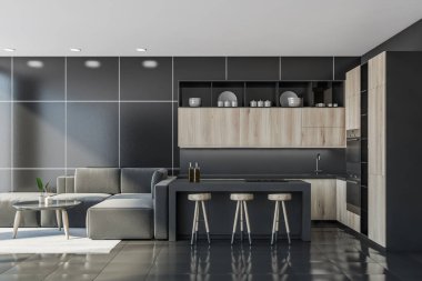 Siyah mutfak odası, masa, üç bar sandalyesi, kanepe ve gri halıda kahve masası. Raflarla, fırınlarla ve mobilyalarla yemek pişirme seti. 3D, kimseyi göstermiyor.