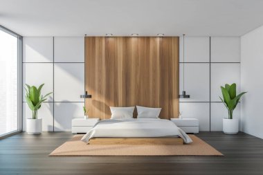 Yatak odasının içinde yatak ve yastıklar, siyah parke döşemeler ve bitkiler var. Model kopyalama alanı pencerenin yanındaki uyku odasında şık mobilyalar, 3 boyutlu görüntüleme