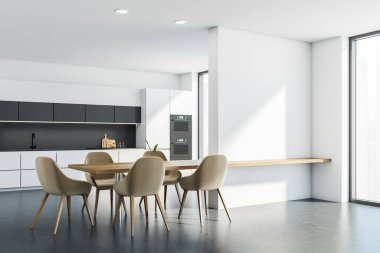 Ahşap masalı açık mutfak, beton zeminde bej koltuklar ve fırınlı raf, yan görüş. Aşçılık setine sahip minimalist iç mekan ve boş duvarı kopyala, 3D görüntüleme
