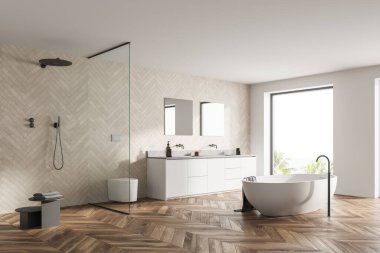 Geniş, modern banyo tasarımı ahşap tonlarda, parke zeminli, serbest küvetli, duşlu, çift lavabolu. Panoramik pencere. 3d oluşturma