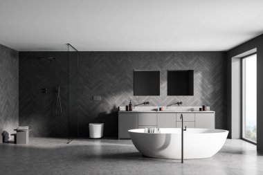 Geniş, modern banyo tasarımı gri tonlarda, beton zeminli, serbest küvetli, duşlu, çift lavabolu. Panoramik pencere. 3d oluşturma