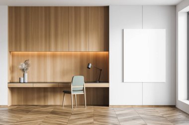 Rahat koltuğu olan çağdaş kabinenin modern iç tasarımı. Ahşap parke zemin. Boş boş. Beyaz duvardaki afişi taklit et. Sanat konsepti. 3d oluşturma.