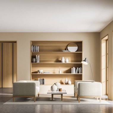 Oturma odasının içinde koltuklar, kanepe, lamba ve süslemeli kitaplık, minimalist sanat, gri halı ve beton zemin üzerinde okuma odası, 3D 'de hiç kimse yok.