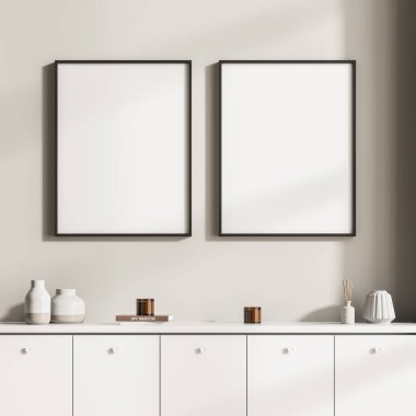 Klozetli oturma odasının modern tasarımı. Duvarı boyamak için iki poster hazırla. Şablon. 3d oluşturma