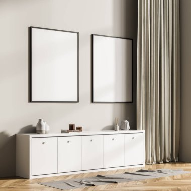 Klozetli oturma odasının modern tasarımı. Duvarı boyamak için iki poster hazırla. Şablon. 3d oluşturma