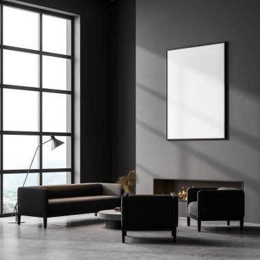 Şöminesi ve duvarında beyaz bir afişi olan modern bir oturma odası. Panoramik pencere. Reklam konsepti 3d oluşturma.