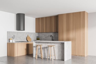 Şık tasarım ahşap ve mutfak odasının içinde mermer ada ve tabureler var. Ev dekorunun minimalist tarzı. 3d oluşturma