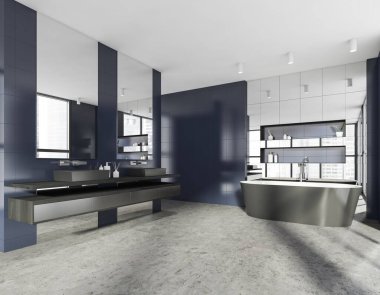 Modern şık otel banyosu, seramik banyo küveti ve aynalı iki lavabo. Duvarlarda döşeme, beton zemin. Panoramik pencere. Şehir manzaralı. 3d oluşturma