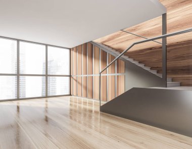 Merdivenleri olan minimalist modern bir salon. Ahşap parke zemin. Beton merdivenler. Şehir manzaralı panoramik pencere. 3d oluşturma