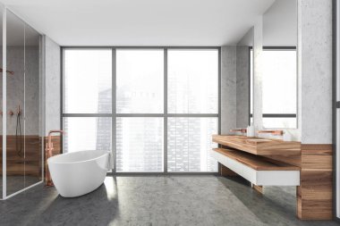 Duş kabini, beyaz oval banyo küveti, çift lavabo tezgahı, bronz muslukları olan modern tasarım banyo. Gökdelenler şehir manzaralı panoramik pencere. Ahşap ve beton. 3d oluşturma.
