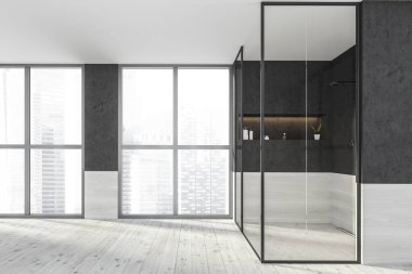 Duş kabini ve musluklu modern banyo tasarımı. Gökdelenler şehir manzaralı panoramik pencere. Ahşap ve beton. Lüks daireler. 3d oluşturma.