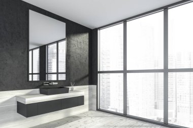 Modern tasarım banyo içi siyah lavabo tezgahı, gümüş musluklar. Gökdelenler şehir manzaralı panoramik pencere. Ahşap zemin ve karanlık duvarlar. Halka açık el yıkama konsepti. 3d oluşturma.